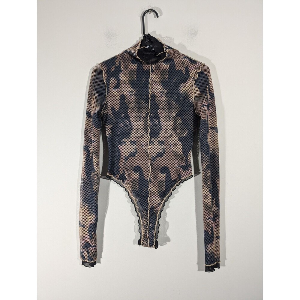 I.AM.GIA. Top Women XS Delara Camo Black Brown Mesh Long Sleeve Bodysuit